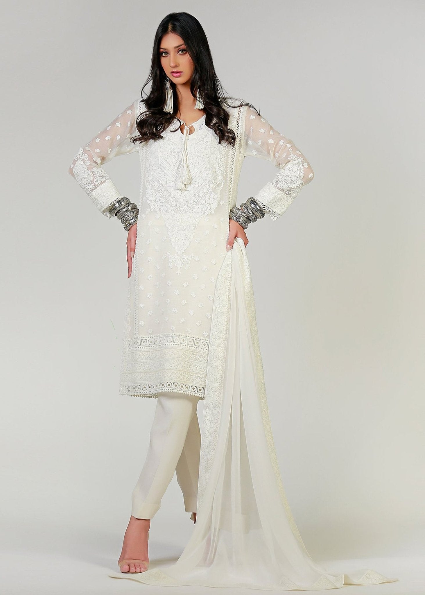 White Marori Embroidered White Kali Kurta - Rizwan Beyg Design