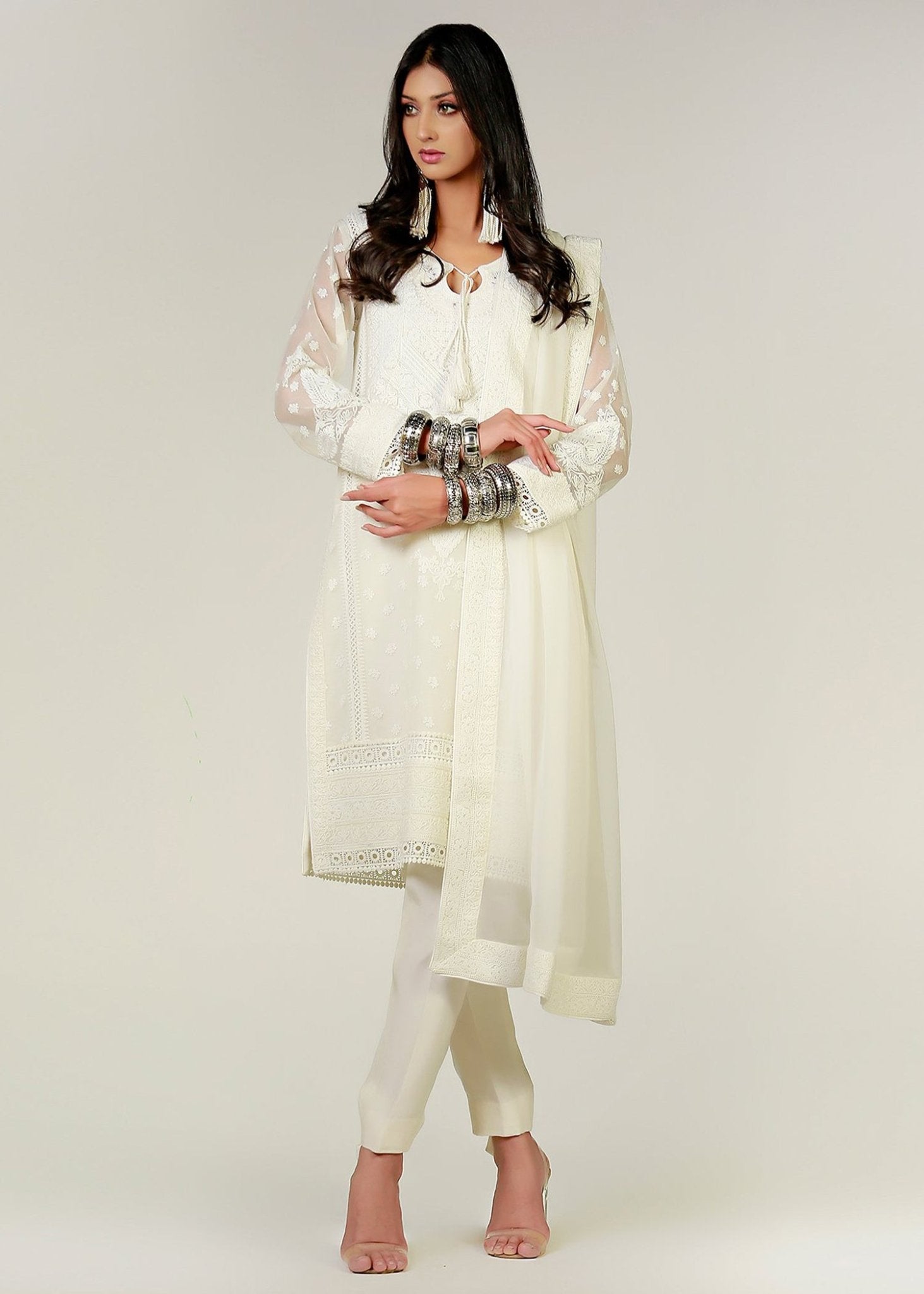 White Marori Embroidered White Kali Kurta - Rizwan Beyg Design