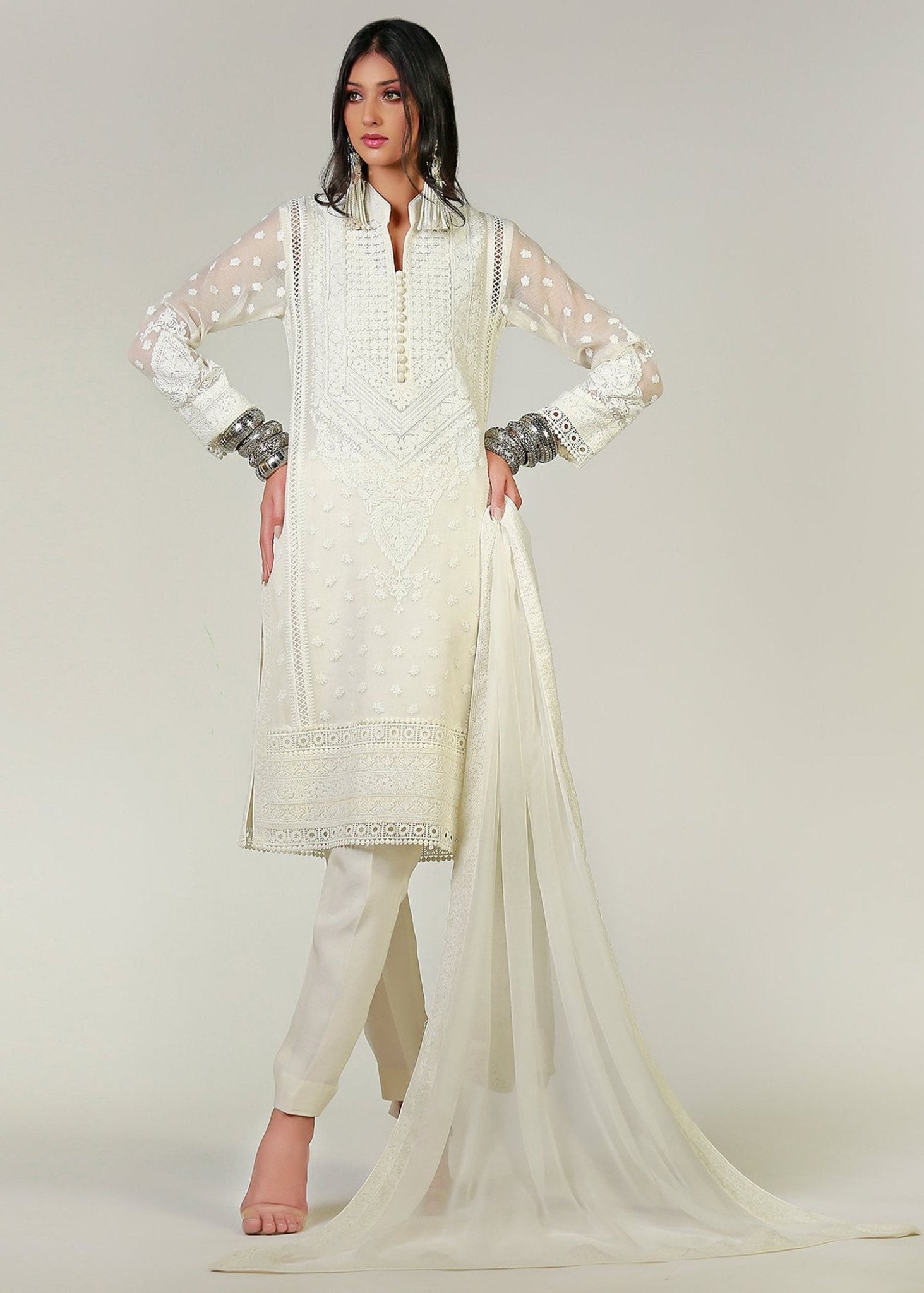 White Marori Embroidered White Kali Kurta - Rizwan Beyg Design