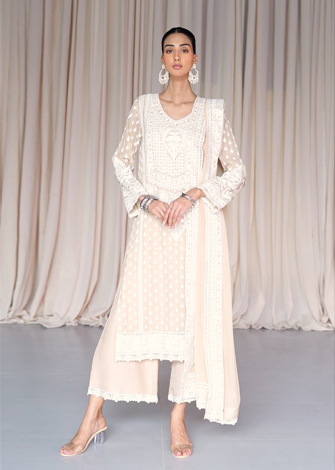 White Marori Embroidery Beige - Rizwan Beyg Design