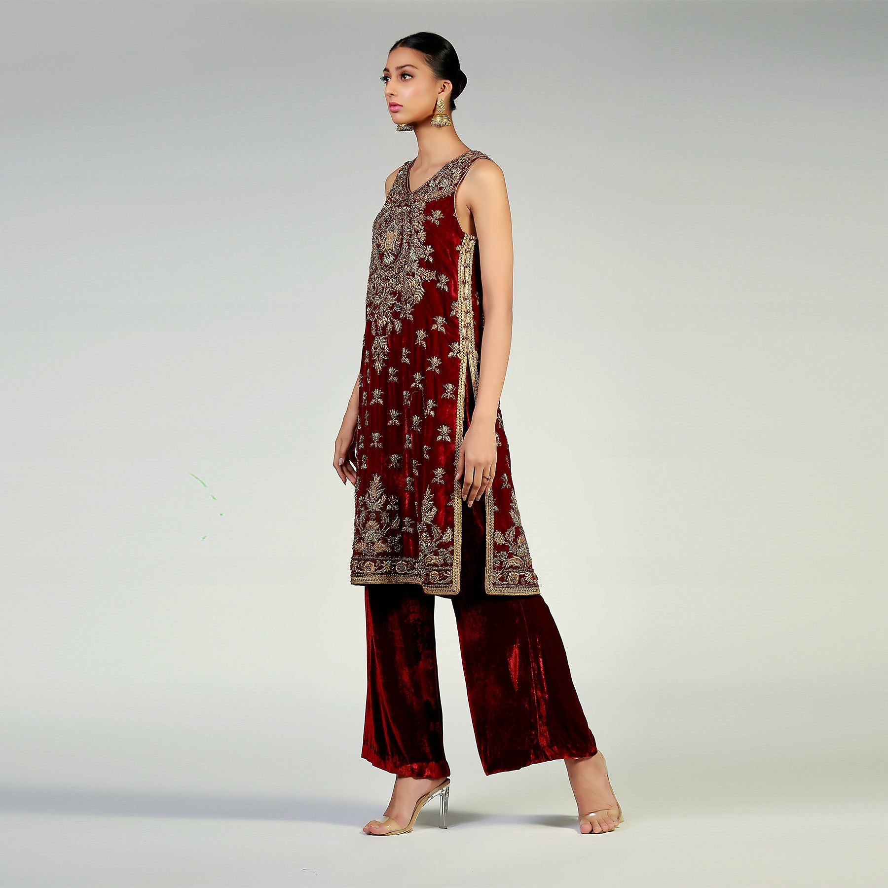 Zari work embellished sleeveless maroon velvet shirt - Rizwan Beyg Design