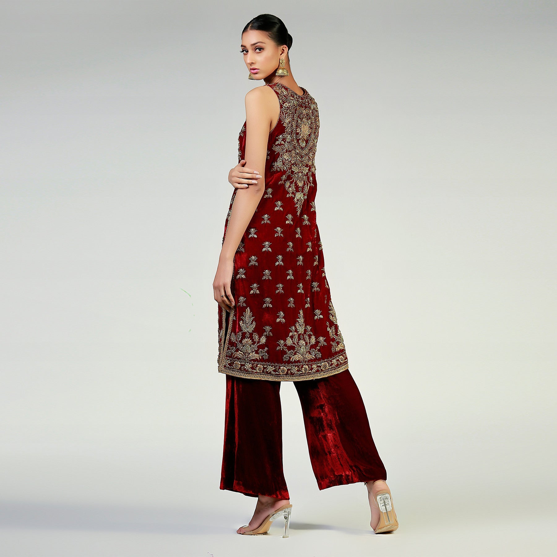 Zari work embellished sleeveless maroon velvet shirt - Rizwan Beyg Design