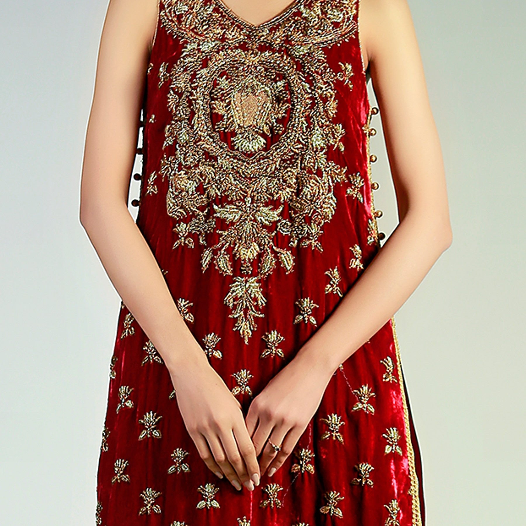 Zari work embellished sleeveless maroon velvet shirt - Rizwan Beyg Design