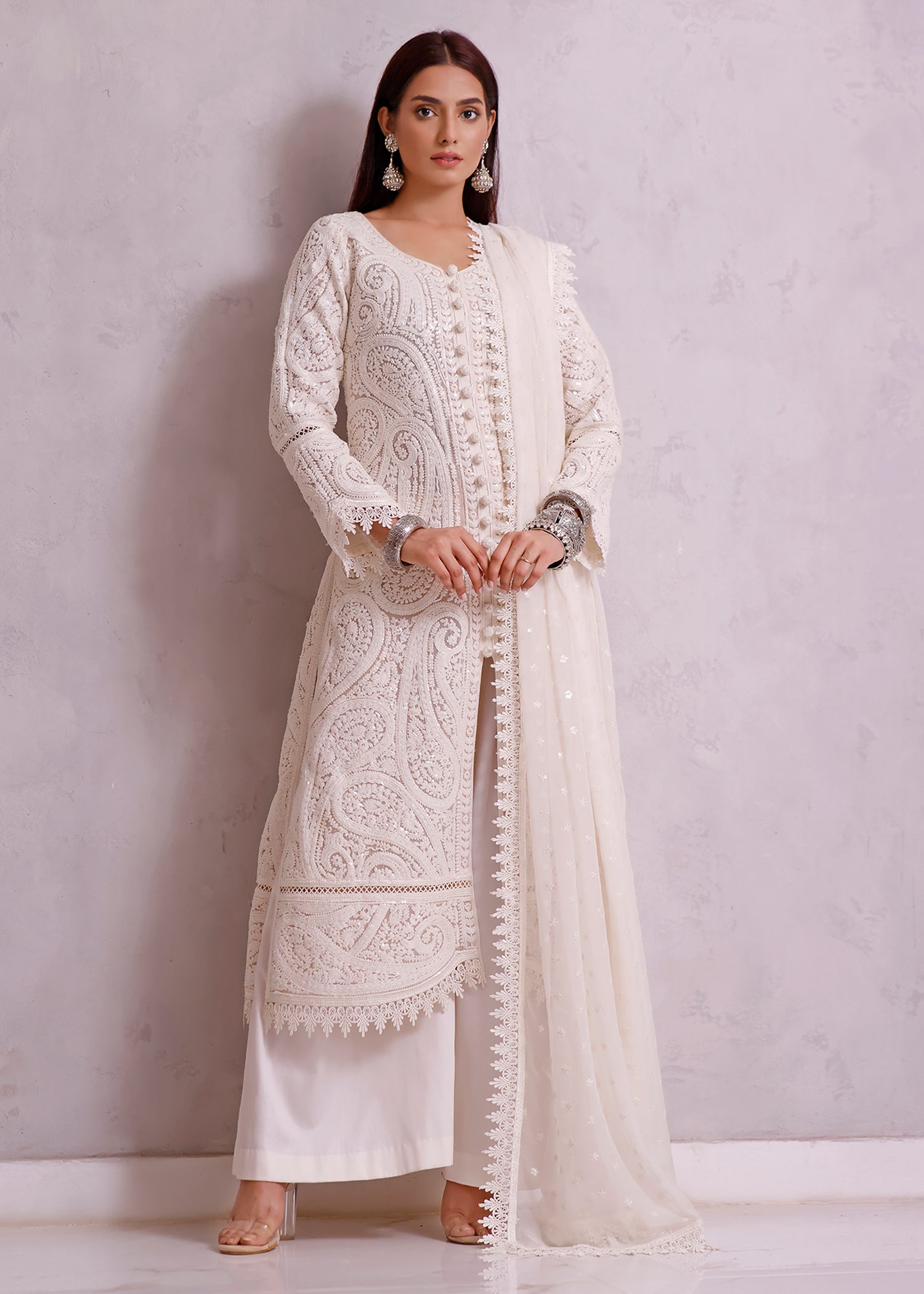 WHITE Indian Paisley Coat with Sequins Rizwan Beyg Luxury pret wedding wear paksitani wedding wear  