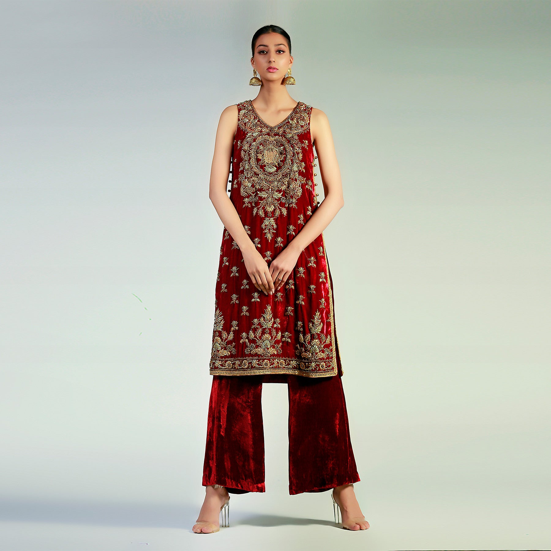 Zari work embellished sleeveless maroon velvet shirt
