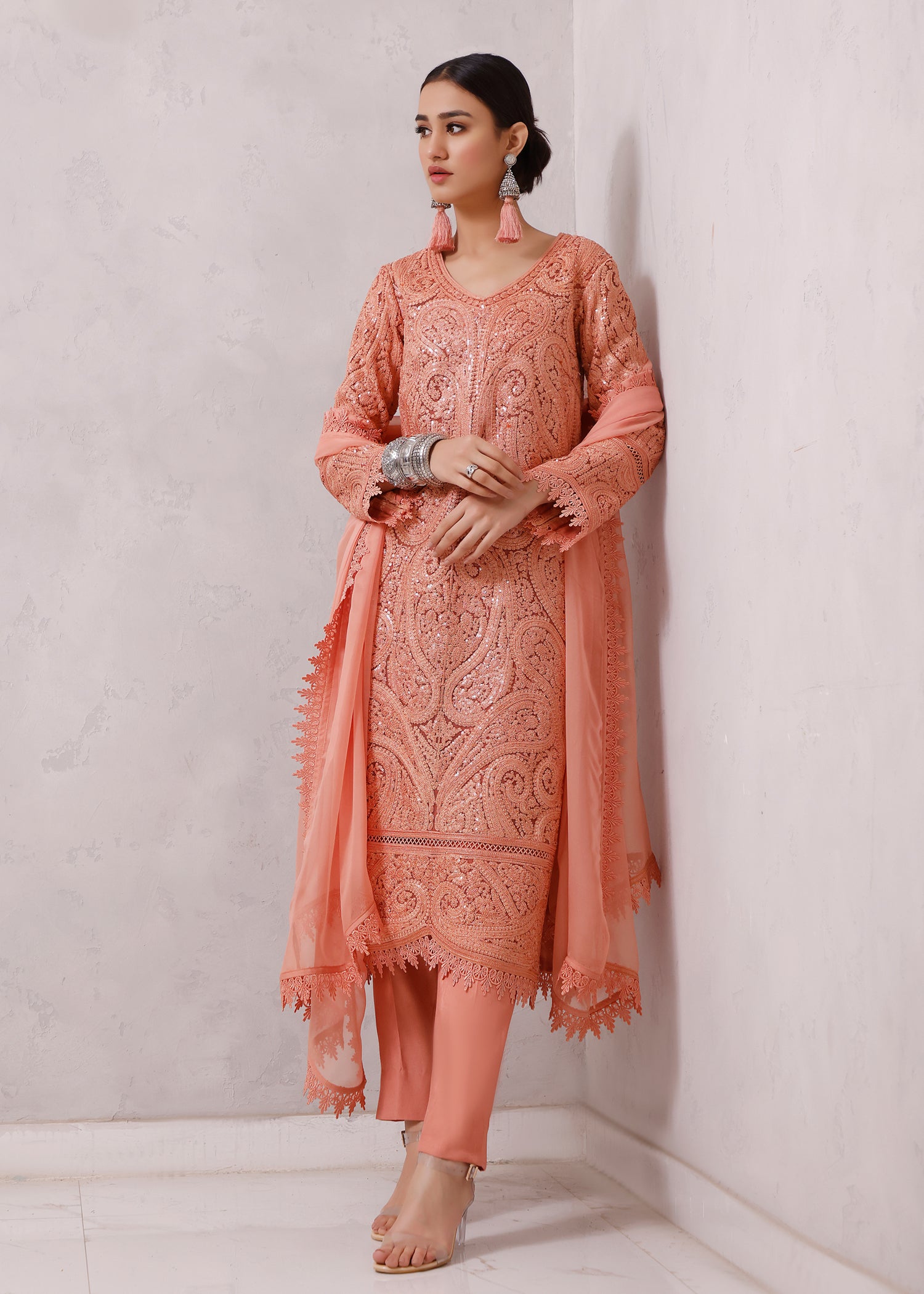 Terracotta Indian Paisley sequins KURTA  Rizwan Beyg Luxury pret wedding wear paksitani formal wear  