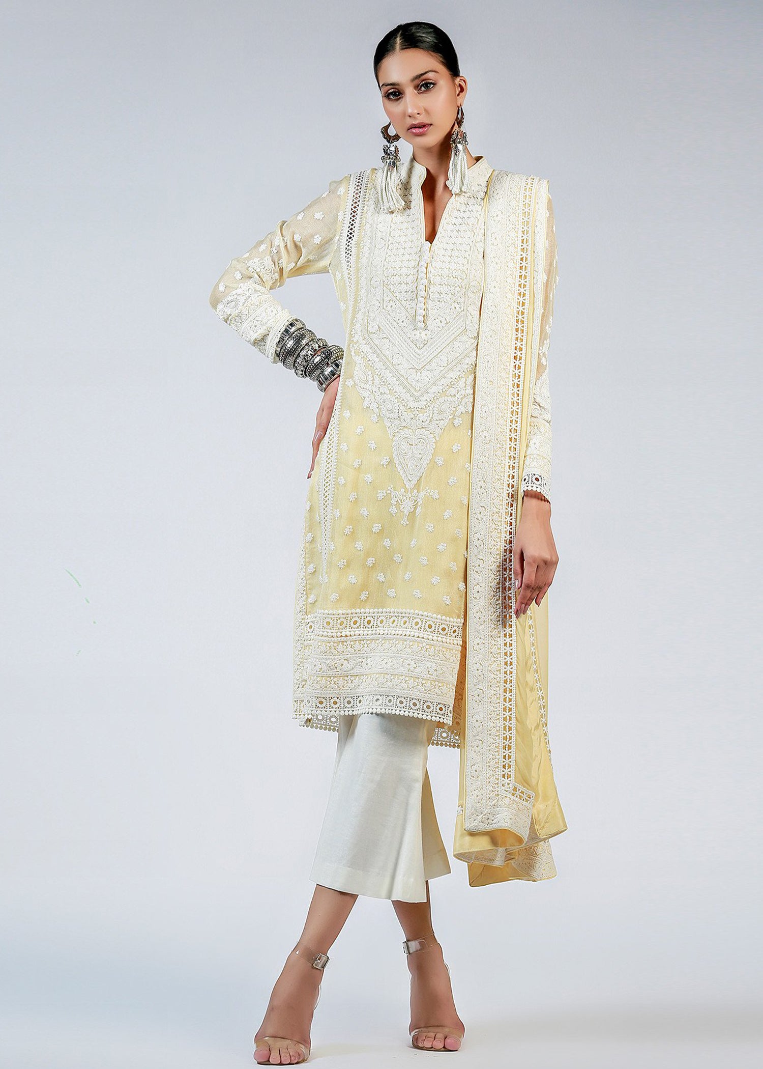 White Marori embroidered Yellow Kali Kurta & Dupatta Chinese Collar