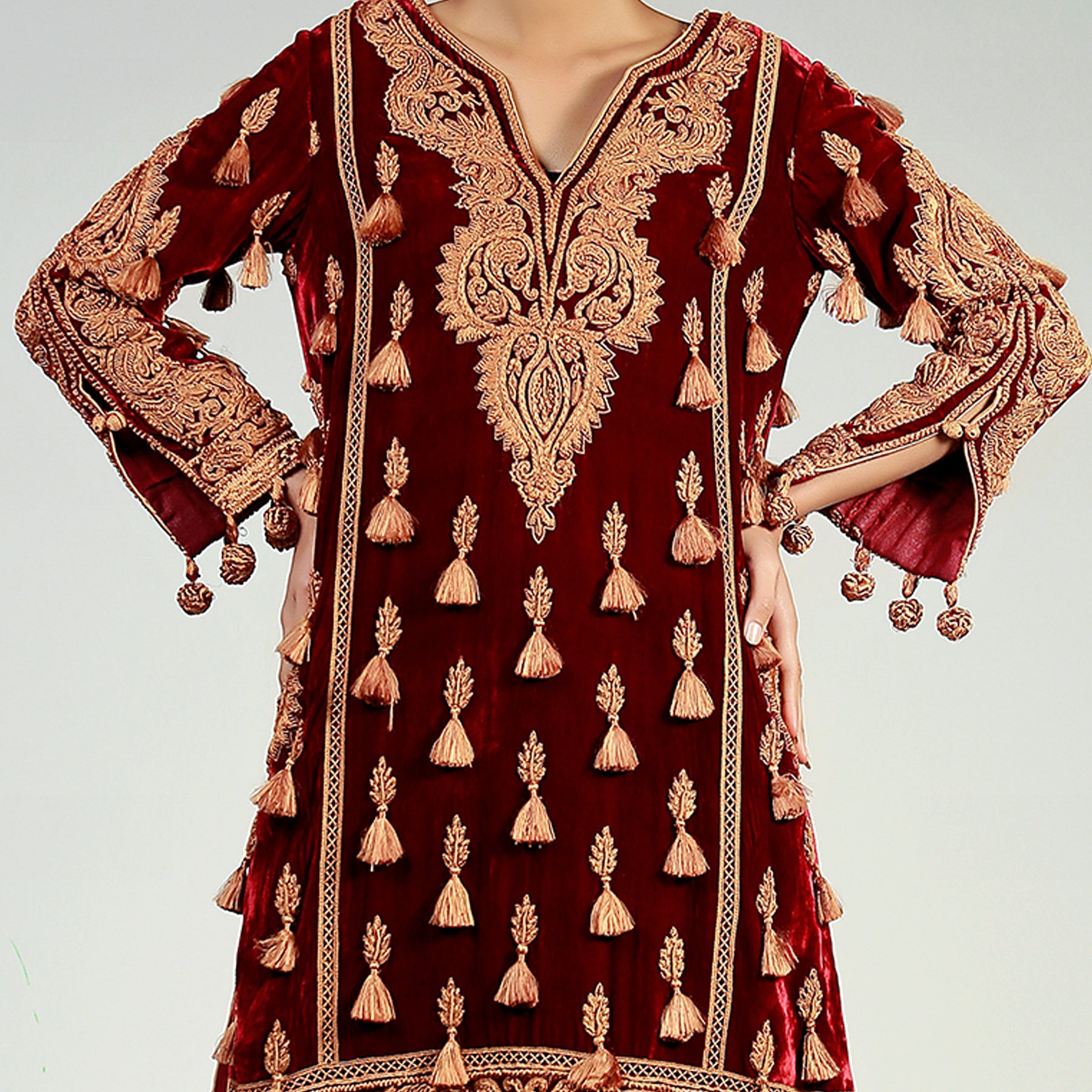 Tassel Embellished & Embroidered Maroon Velvet Kali Kurta