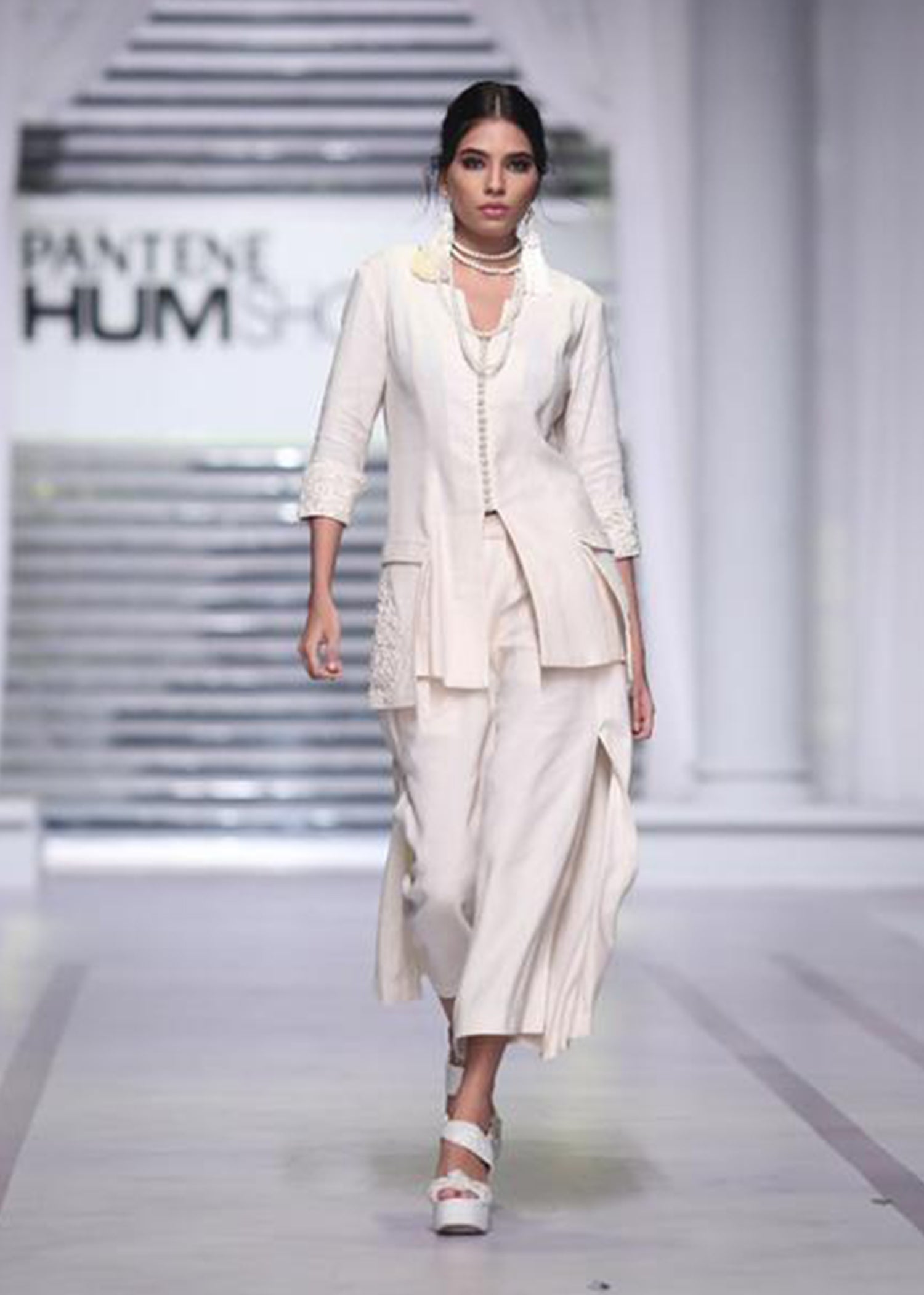 Mid-length Jacket with Embroidered Pockets and Plain Side Slit Skirt