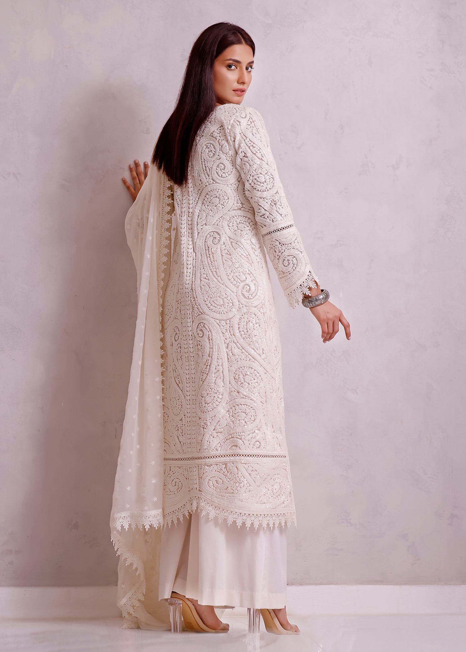 WHITE indian Paisley Coat with Sequins Rizwan Beyg Luxury pret wedding wear paksitani wedding wear  
